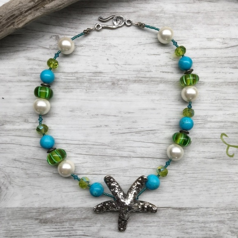 Silver Starfish Chunky Necklace Turquoise Pearl Statement Blue Green Glass